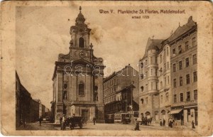 1914 Wien, Viedeň, Bécs V. Matzleinsdorf, Pfarrkirche St. Florian, erbaut 1725, Tapezierer / kostol, električka, automobil ...