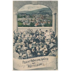 1913 Wien, Vídeň, Bécs; XIV. Penzing, Hütteldorf. Feucht fröhliche Grüsse aus Hütteldorf / Montáž s opilými muži...
