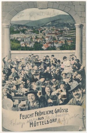1913 Wien, Viedeň, Bécs; XIV. Penzing, Hütteldorf. Feucht fröhliche Grüsse aus Hütteldorf / Montáž s opitými mužmi...