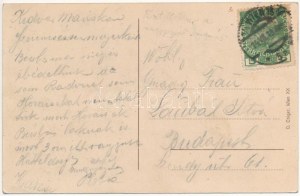 1913 Wien, Vídeň, Bécs; XIV. Penzing, Hütteldorf. Feucht fröhliche Grüsse aus Hütteldorf / Montáž s opilými muži...