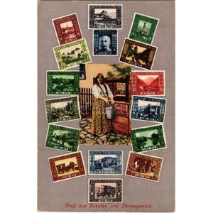 Bosnie-Herzégovine, Gruss aus Bosnien und Herzegowina / Montage avec timbres et folklore. Simon Kattan Sarajevo (fl...