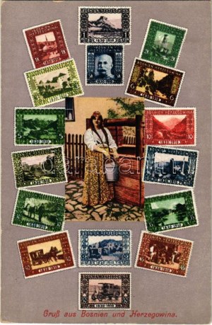 Bosnia ed Erzegovina, Gruss aus Bosnien und Herzegowina / Montaggio con francobolli e folklore. Simon Kattan Sarajevo (fl...