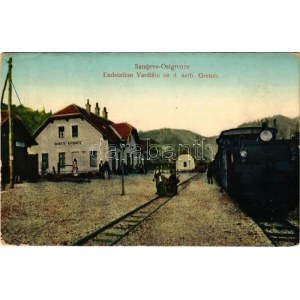 Donje Vardiste, Sarajevo-Ostgrenze, Endstation an d. serb. Grenze / railway station at the Serbian border, locomotive...