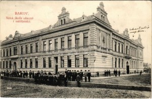 1912 Bakov nad Jizerou, Backofen an der Iser; Nová škola obecná i mestská / new school. Nakl. Hynek Sípek (EK...