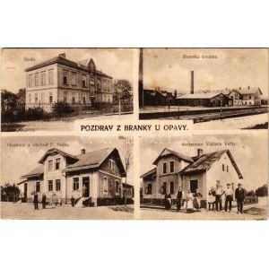 1924 Branka u Opavy, Skola, Branska továrna, Hostinec a obchod P. Hajka, Restaurace Václava Vichy / scuola, fabbrica...