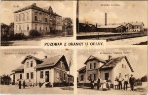 1924 Branka u Opavy, Skola, Branská továrna, Hostinec a obchod P. Hajka, Restaurace Václava Vichy / škola, továrna...