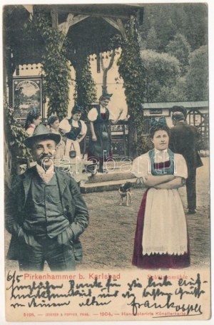 1905 Brezová, Pirkenhammer (Karlovy Vary, Karlsbad); Schützenmühle. Lederer & Popper / giardino del ristorante. Montaggio (EK...