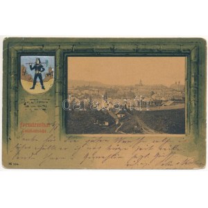 1904 Bruntál, Freudenthal; general view. Art Nouveau, litho frame with coat of arms. Verlag Jos M. Thiel's Buchh. (EK...