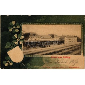1903 Hodonín, Göding; Bahnhof / railway station. Art Nouveau litho frame with clovers (EK)