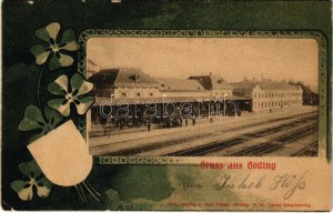 1903 Hodonín, Göding; Bahnhof / stazione ferroviaria. Cornice litografica Art Nouveau con trifogli (EK)