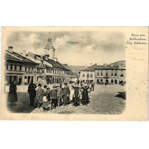 1901 Jablunkov, Jablunkau; Ringplatz. Verlag Anton Ausschwitzer / námestie, obchody Moritz Fraenkel, Carl Eisenberg...