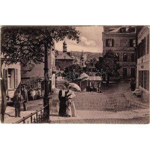 1906 Karlovy Vary, Karlsbad; Schloss Platz, Cafee Carl IV, Neudorfer / námestie, kaviareň, obchod (EK)