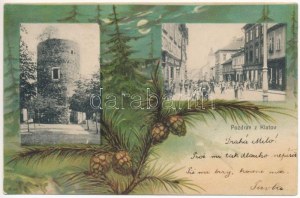 1901 Klatovy, wieża, ulica, sklep Stanislava Zyki. Josef Cejka secesyjna litografia (fl)