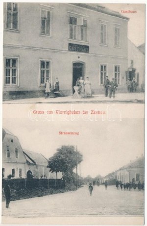 Lány, Vierzighuben, Ctyricet Lánu (Svitavy, Zwittau) ; Gasthaus, Strassenzug / hôtel et rue