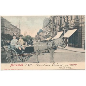 1903 Mariánské Lázne, Marienbad; Kaiserstrasse. Lederer &amp; Popper / strada. Montaggio con carro di asini (gluemark)...