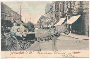 1903 Mariańskie Łaźnie, Marienbad; Kaiserstrasse. Lederer & Popper / ulica. Montaż z wózkiem osła (gluemark...