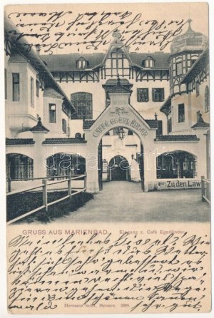 1905 Mariańskie Łaźnie, Marienbad; Eingang z. Café Egerländer / wejście do kawiarni. Hermann Seibt 3399. (fl...