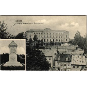 1906 Mimon, Niemes; Volks- und Bürgerschule mit Friedrich Schillerdenkmal / scuola e monumento