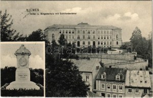 1906 Mimon, Niemes; Volks- und Bürgerschule mit Friedrich Schillerdenkmal / school and monument