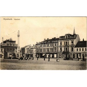 Nymburk, Nimburg, Neuenburg an der Elbe; Námesti. Nakl. K. Zuna / Piazza con la colonna della peste, negozio Emilie Tuckova ...