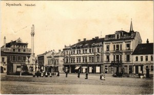 Nymburk, Nimburg, Neuenburg an der Elbe; Námesti. Nakl. K. Zuna / Piazza con la colonna della peste, negozio Emilie Tuckova ...