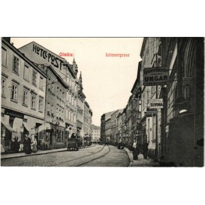 Olomouc, Olmütz; Littauergasse, A. Auerbach, Hotel zur Post, Vaclav Divina, Johann Ungar / street, shops, hotel (Rb...