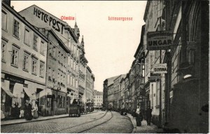 Olomouc, Olmütz; Littauergasse, A. Auerbach, Hotel zur Post, Vaclav Divina, Johann Ungar / Straße, Geschäfte, Hotel (Rb...