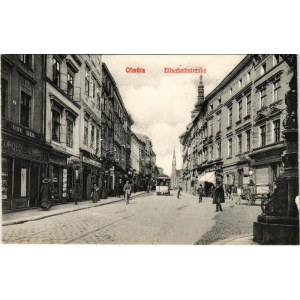 Olomouc, Olmütz; Elisabethstrasse, A. Brecher, Leopold Lachnik, Apotheke, Conditorei, Franz Innemann / street, tram...