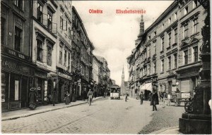 Olomouc, Olmütz; Elisabethstrasse, A. Brecher, Leopold Lachnik, Apotheke, Conditorei, Franz Innemann / strada, tram...