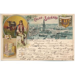 1903 Opava, Troppau; Schlesien, Cacao Suchard / celkový pohled, reklama na kakao, folklór, erb...