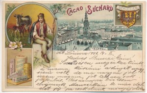 1903 Opava, Troppau ; Schlesien, Cacao Suchard / vue générale, publicité pour le cacao, folklore, armoiries...