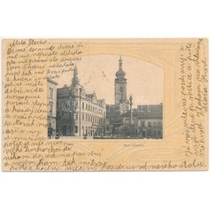 Písek, Malé námesti. Nákl. Jan Thorovsky / Platz, Kirche, Statue, Geschäfte. Jugendstil-Rahmen (fl)