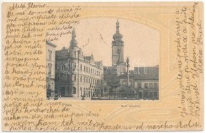 Písek, Malé námesti. Nákl. Jan Thorovsky / place, église, statue, magasins. Cadre Art nouveau (fl)