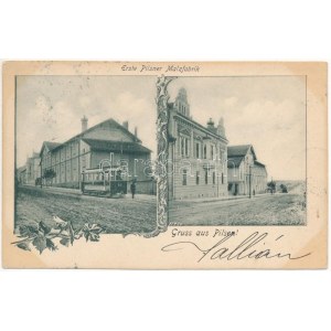 1900 Plzen, Pilsen; Erste Pilsner Malzfabrik / Malzfabrik, Brauerei, Straßenbahn. Jugendstil, floral (EK)