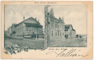 1900 Pilzno, Pilzno; Erste Pilsner Malzfabrik / fabryka słodu, browar, tramwaj. Art Nouveau, kwiatowy (EK)