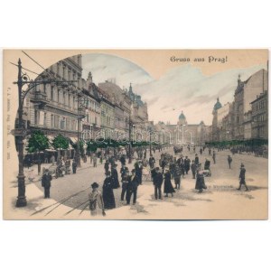 Praha, Prag, Praha; Der Wenzelsplatz. B. Styblo / pohľad z ulice, obchody. F. J. Jedlička 902./1918