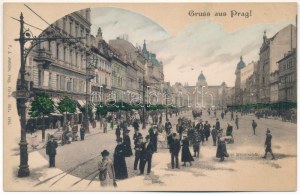 Praha, Prag, Praha; Der Wenzelsplatz. B. Styblo / pohľad z ulice, obchody. F. J. Jedlička 902./1918