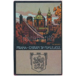 Praha, Prag, Prága; Chrám Ssv. Mikuláse / St.-Nikolaus-Kirche, Wappen. V. Nenbert. litho s...