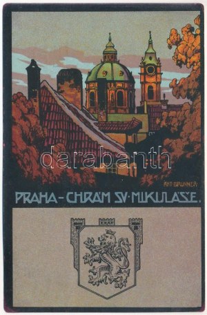 Praha, Praga, Prága; Chrám Ssv. Mikuláse / Chiesa di San Nicola, stemma. V. Nenbert. litografia s...