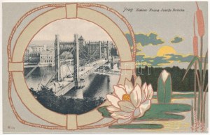 Praha, Prag; Kaiser Franz Josefs-Brücke / most. Knackstedt & Näther secesný, kvetinový, litografický