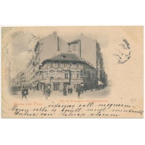 1899 (Vorläufer) Praha, Prag, Prague; Ecke der Wassergasse und Jungmannstrasse / street view, shops (ázott / wet damage...