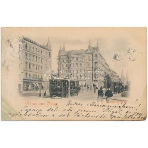 1899 (Vorläufer) Praha, Prag, Praga; Komenskyplatz / widok ulicy, tramwaj, sklep Karel Zajicek. L. J. (ázott / mokre uszkodzenia...