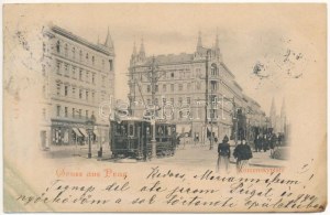 1899 (Vorläufer) Praha, Prag, Praha; Komenského námestie / pohľad na ulicu, električka, obchod Karla Zajíčka. L. J. (ázott / wet damage...