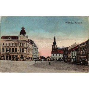 1913 Prerov, Prerau; Námesti / suare, J. Vavrouch shop, hotel, church
