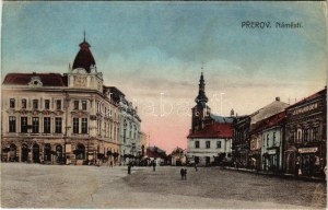1913 Přerov, Prerau; Náměstí / suare, J. Vavrouch obchod, hotel, kostel
