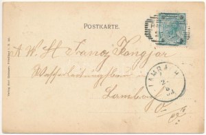 1903 Raspenava, Raspenau; Kirche, Bazirks-Sparkasse / kostel, spořitelna. Karl Gebauer secese, litografie (EK...