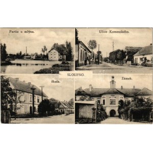 1932 Sloupno, Slaupno; Ulice Komenského, Skola, Zámek, Partie u Mlyna. Nakl Karel Pus / street view, shops, school...
