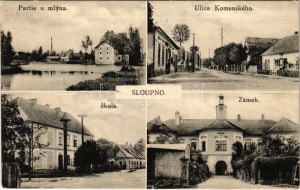 1932 Sloupno, Slaupno; Ulice Komenského, Skola, Zámek, Partie u Mlyna. Nakl Karel Pus / Straßenansicht, Geschäfte, Schule...