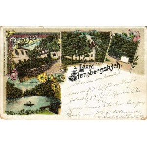 1899 (Vorläufer) Sternberk, Sternberg (Ledce); Lázne, Zámek, Restaurace, Rybník / Kurort, Bad, Restaurant, Schloss, See...