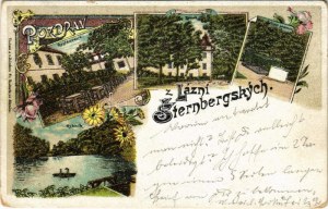 1899 (Vorläufer) Sternberk, Sternberg (Ledce); Lázne, Zámek, Restaurace, Rybník / Kurort, Bad, Restaurant, Schloss, See...